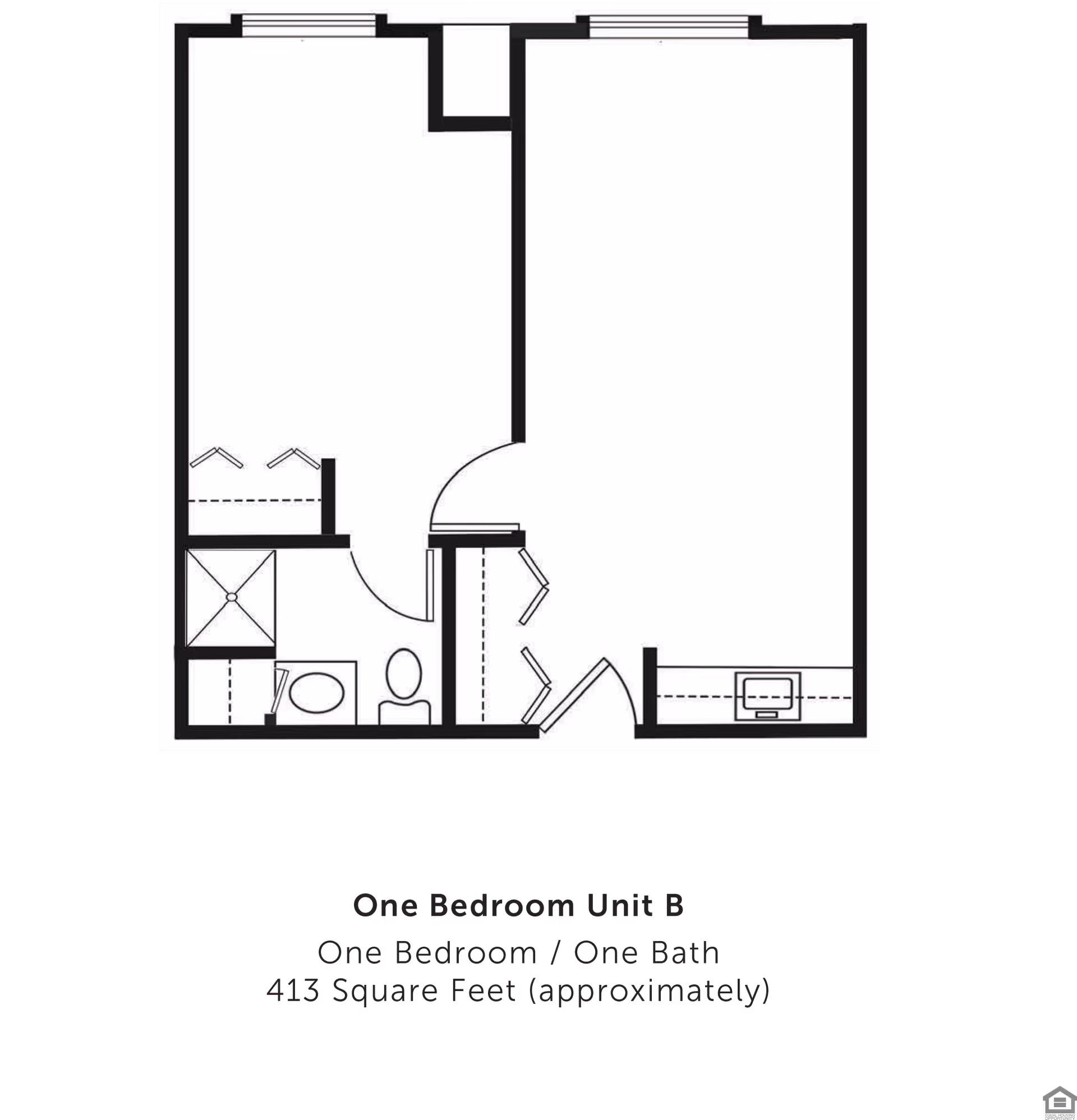 Black-and-white floor plan diagram of a one-bedroom, one-bath apartment showing bedroom, living area, kitchen, bathroom, and closets.