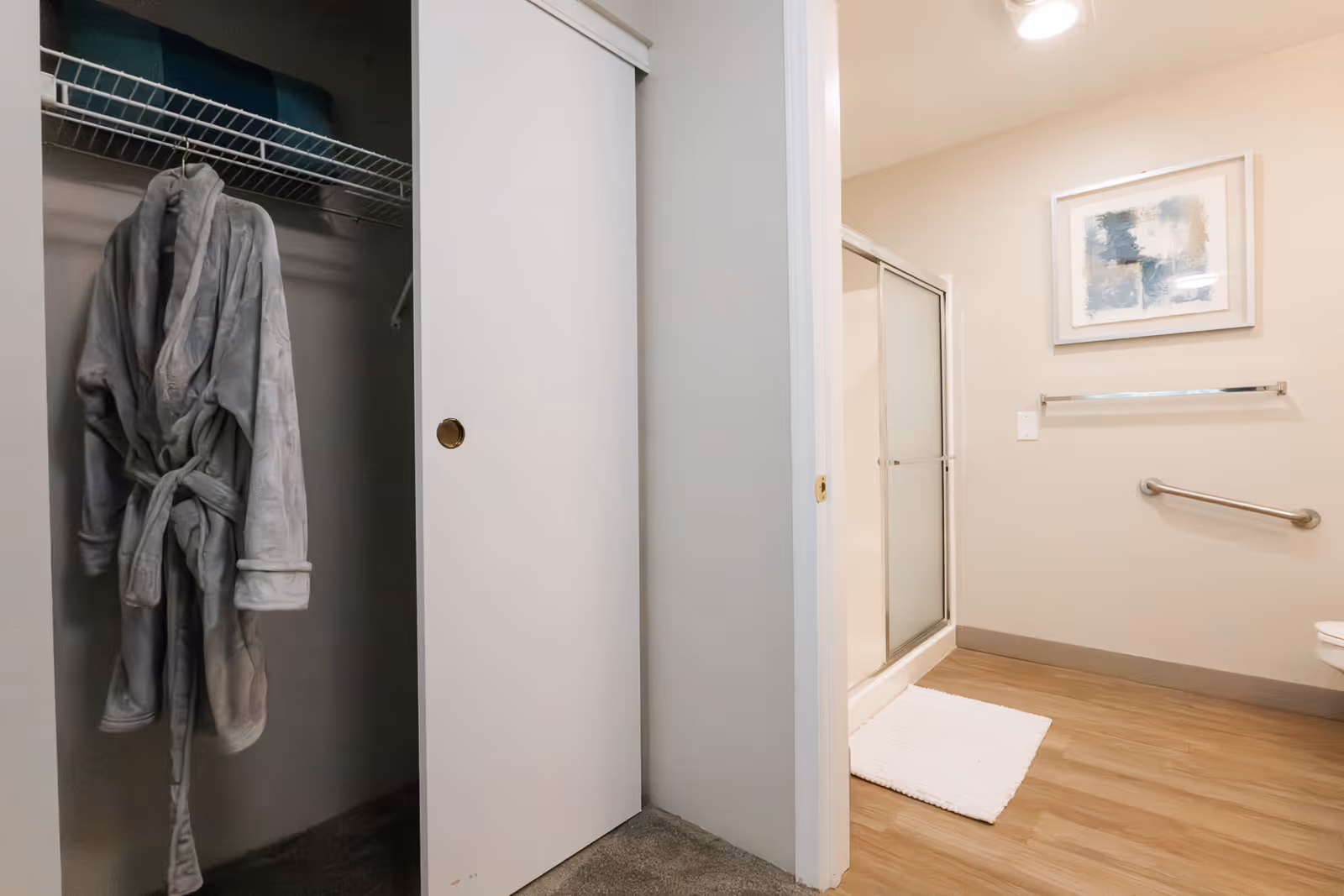 A bathroom with a glass shower stall, wall grab bar and towel rack, framed artwork, and a robe hanging in a nearby closet.