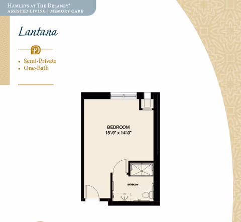 Floor plan layout of a semi-private one-bathroom unit named Lantana at The Delaney assisted living memory care facility, showing a bedroom measuring 15 feet 9 inches by 14 feet and an attached bathroom.
