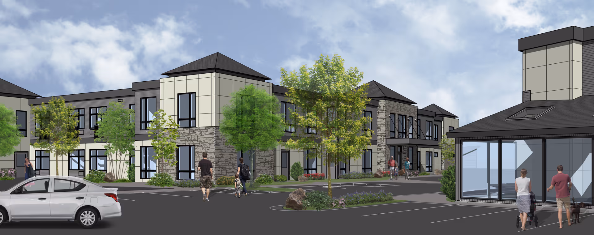 An exterior view of Sopris Lodge at Carbondale Senior Living with parked cars and pedestrians.