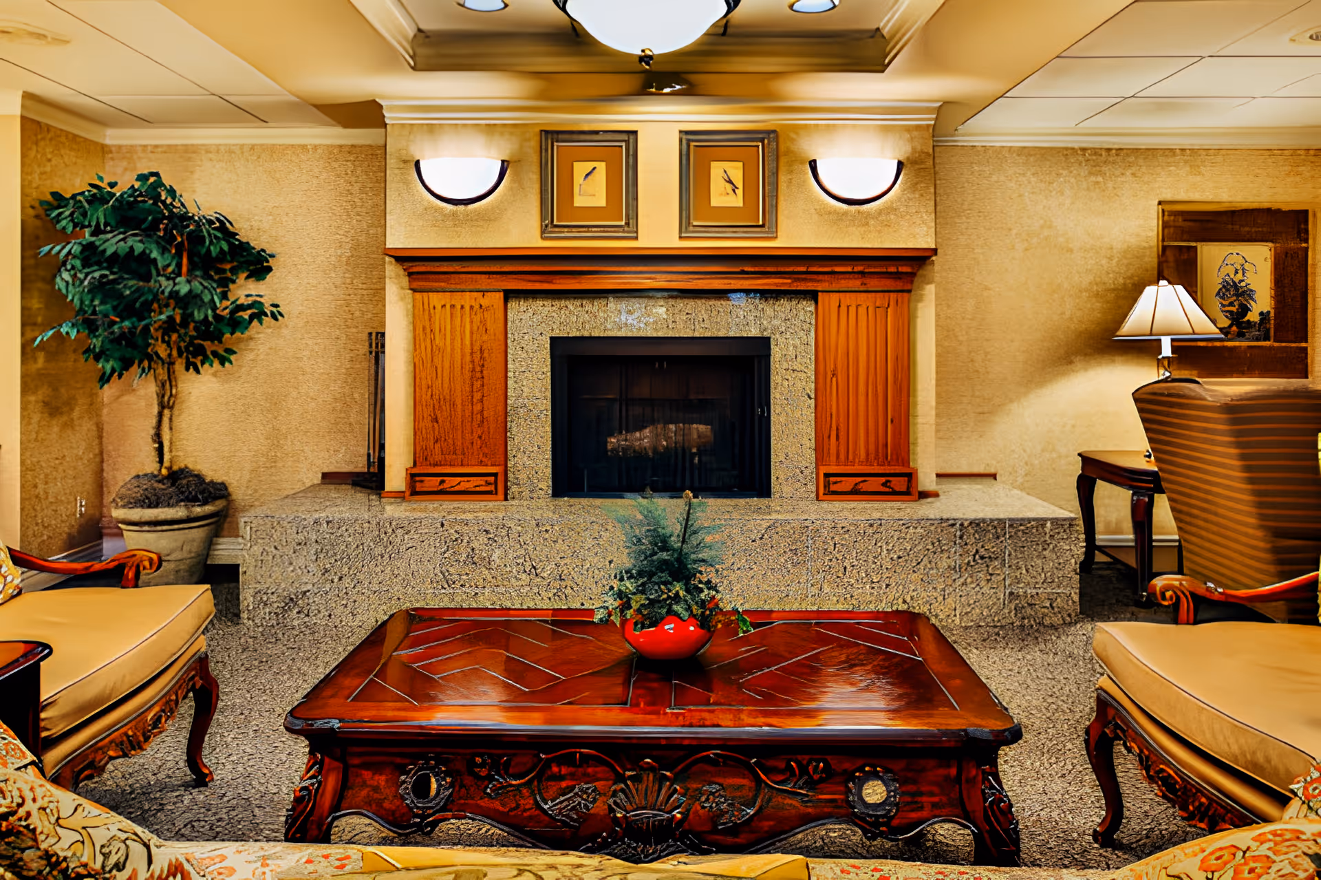 Cozy living room area with a stone fireplace framed by wooden panels, a wooden coffee table with a small plant centerpiece, cushioned armchairs, a potted plant on the left, and a table lamp on the right side.