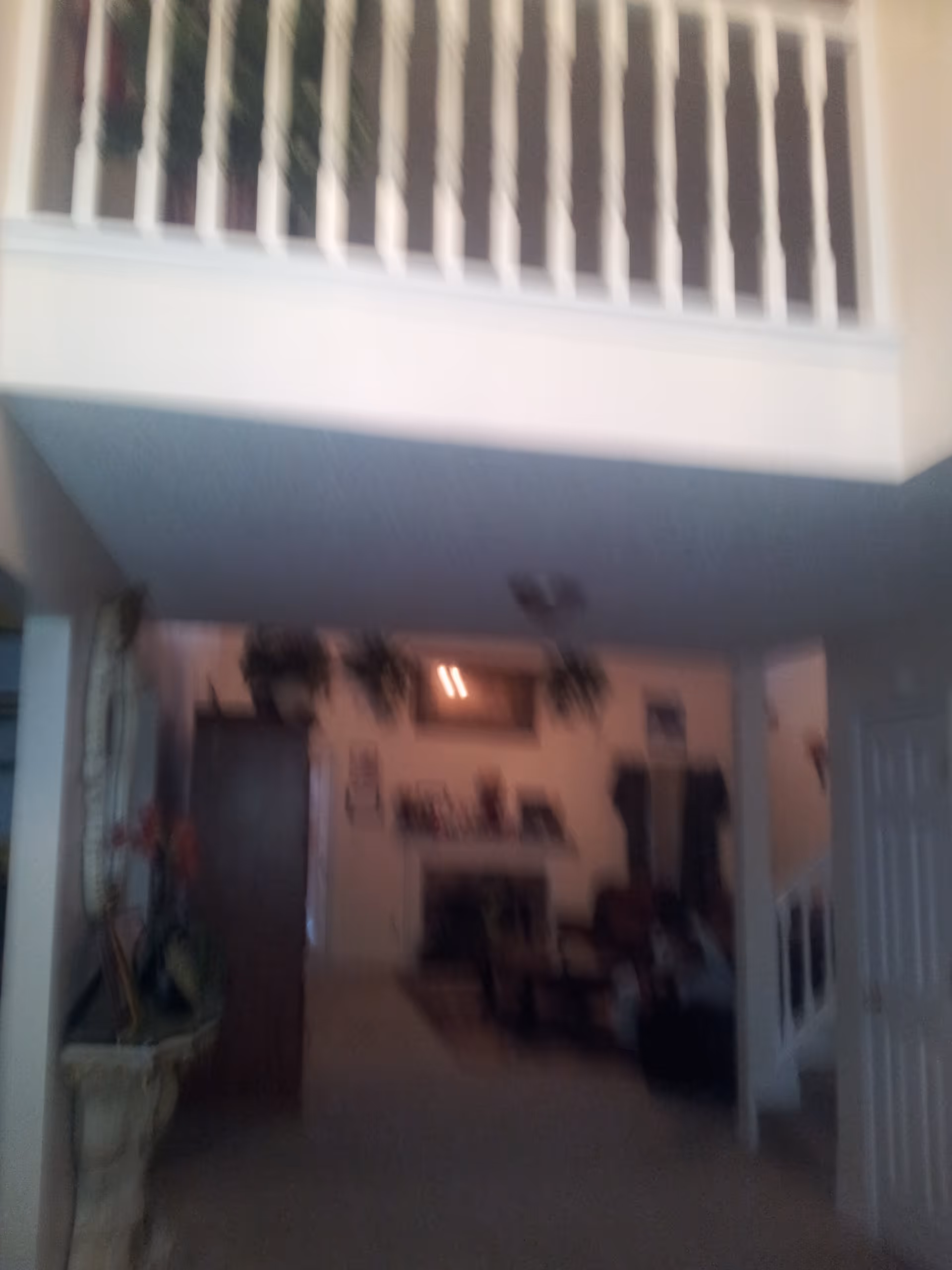Blurry interior view of a living room area with a fireplace, furniture, hanging plants, and a staircase with white railing leading to an upper floor.