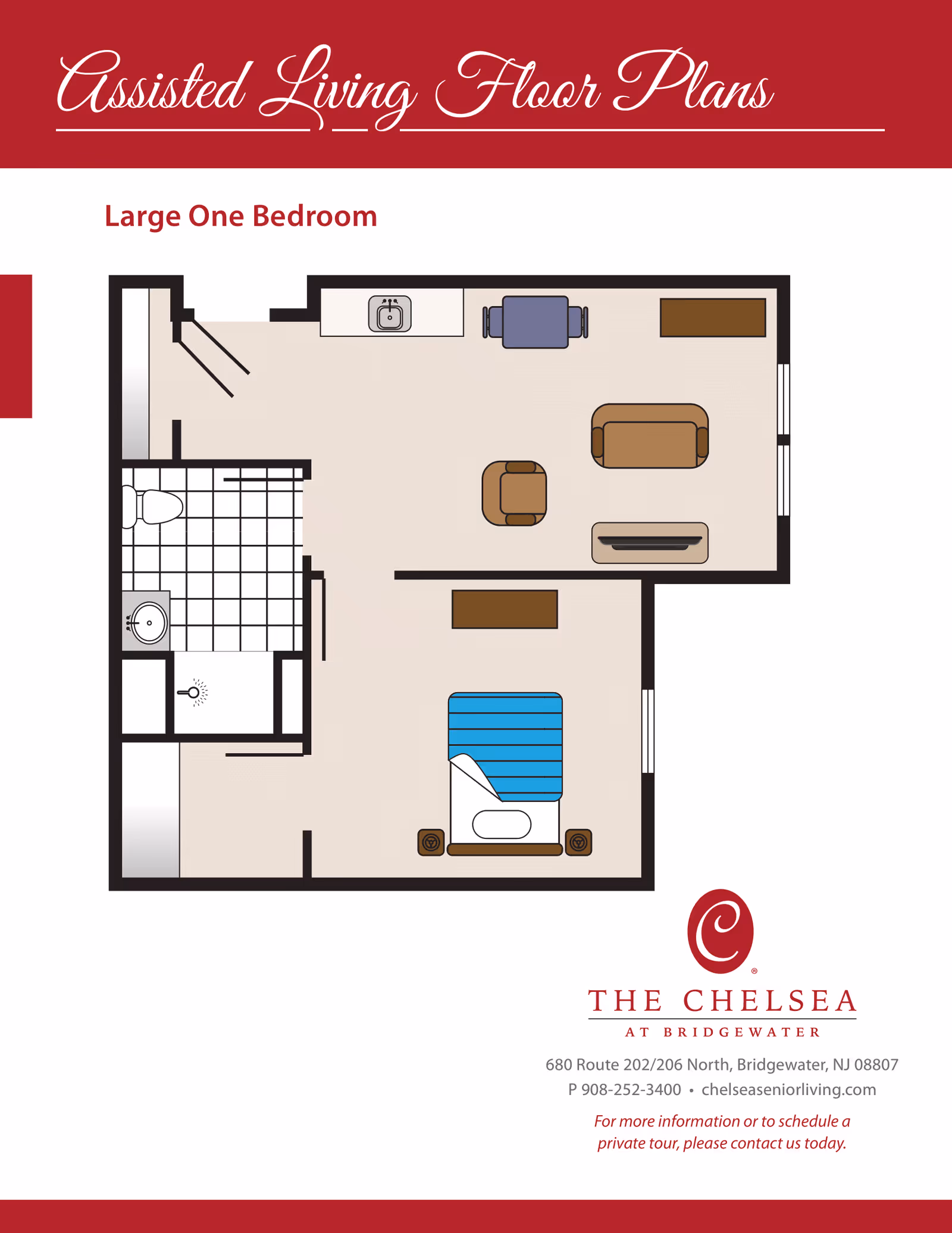 Floor plan of a large one-bedroom assisted living apartment showing a bedroom with a bed and two nightstands, a living area with a sofa, chair, coffee table, and TV stand, a kitchenette with a sink and dining table with two chairs, and a bathroom with a toilet, sink, and shower.