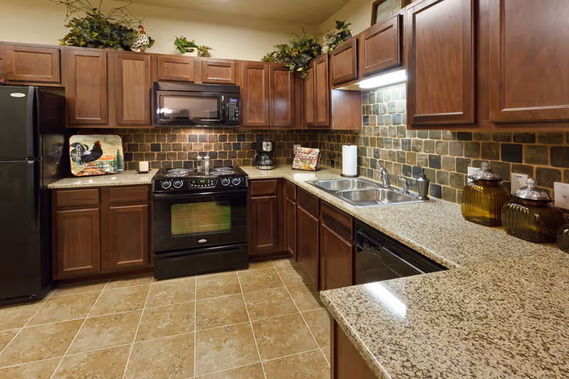 A kitchen with dark wooden cabinets, granite countertops, and a tiled backsplash. The kitchen features a black refrigerator, a black stove with a microwave above it, a double sink, a dishwasher, and decorative jars on the counter. There are also some plants and decorative items on top of the cabinets.
