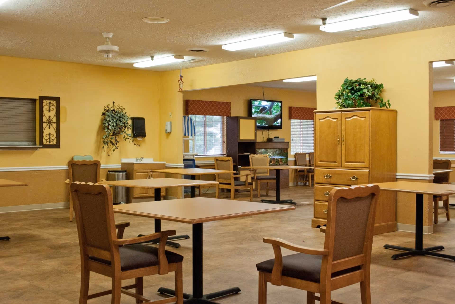 A spacious senior living dining/activity room with wooden tables and chairs, a TV, and cabinetry against warm yellow walls.
