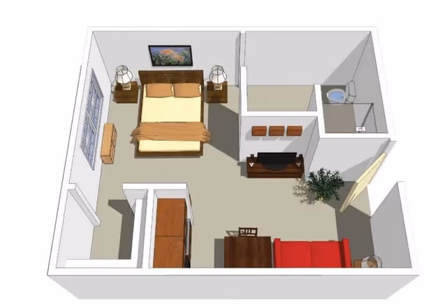 3D rendered floor plan of a studio apartment showing a bed with nightstands, a living area with sofa and TV, a kitchenette, and a small bathroom.
