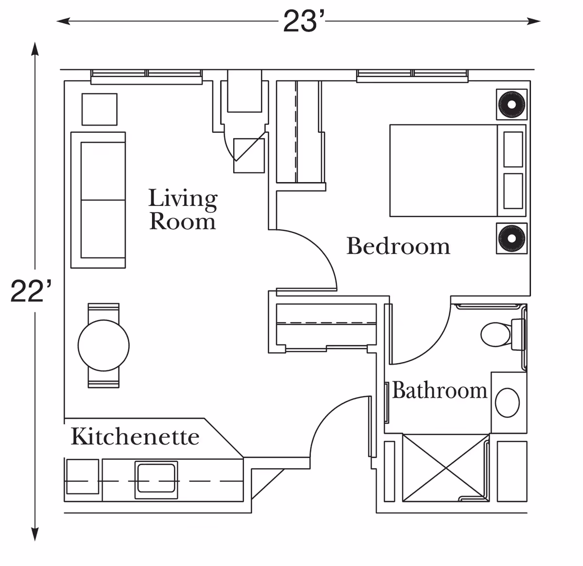 Black-and-white floor plan of a one-bedroom apartment labeled Living Room, Kitchenette, Bedroom, and Bathroom with dimensions 23' x 22'.