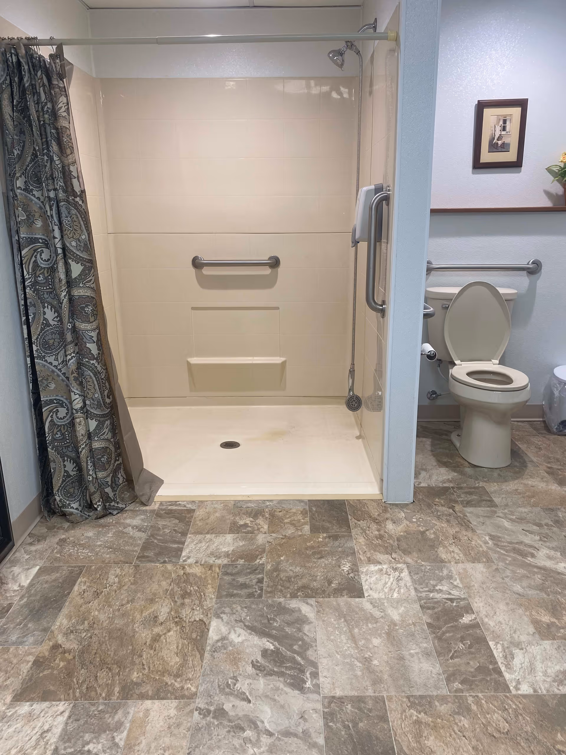 A bathroom with a walk-in shower featuring a grab bar and a patterned shower curtain. Next to the shower is a toilet with the seat up, also equipped with a grab bar. The floor has a stone tile pattern, and there is a framed picture on the wall above the toilet.