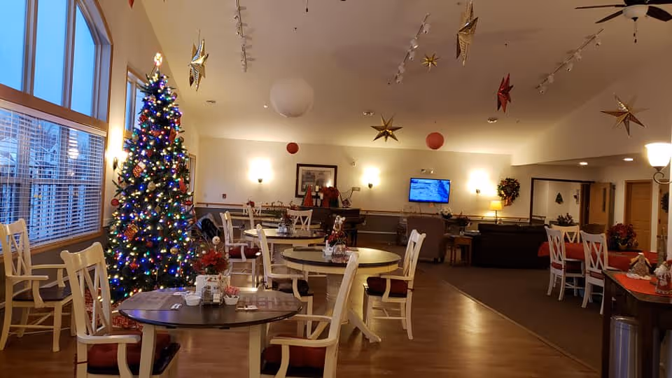 Festively decorated communal dining area with round tables and chairs, a lit Christmas tree by large windows, and a TV on the far wall.