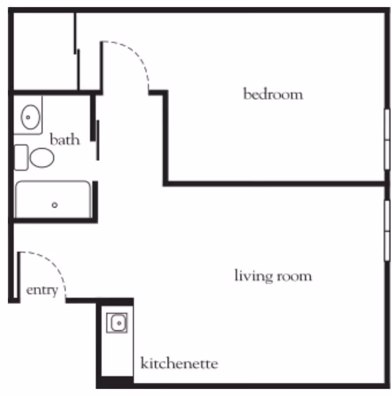 Floor plan layout showing an entry leading to a living room with a kitchenette area, a separate bedroom, and a bathroom with a sink, toilet, and bathtub.