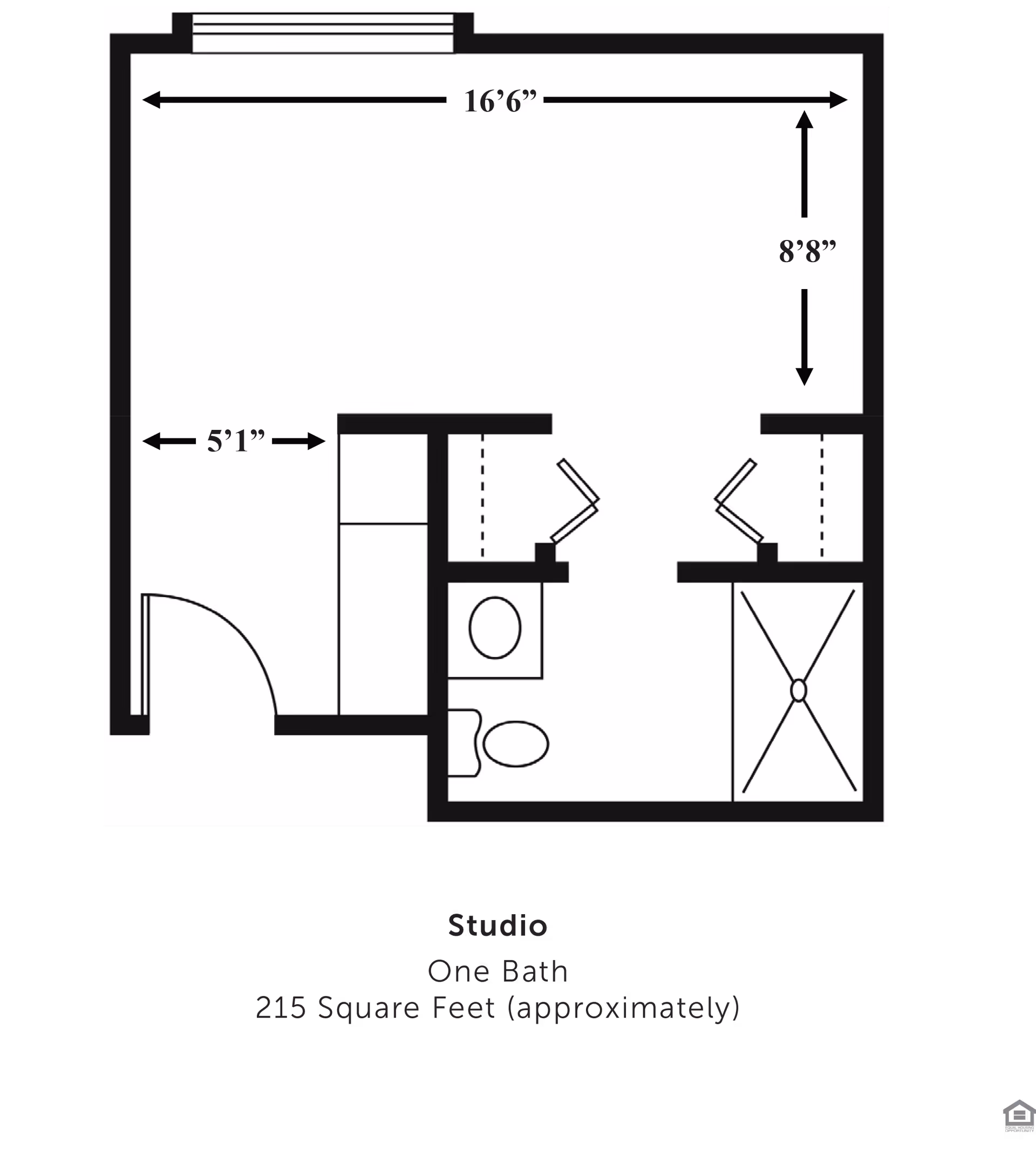 Floor plan of a studio apartment with one bathroom, approximately 215 square feet. The layout shows dimensions of 16 feet 6 inches by 8 feet 8 inches for the main room, and 5 feet 1 inch for the entry area. The bathroom includes a toilet and a shower. There are two closets near the bathroom.