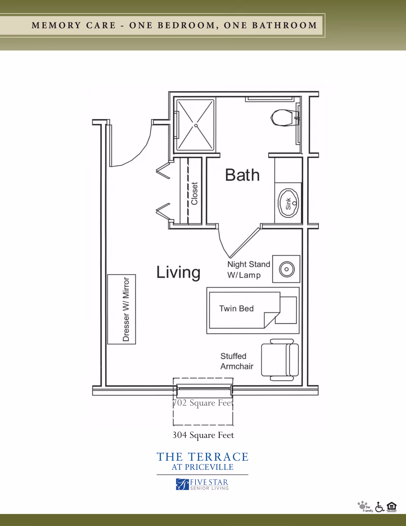 Floor plan layout of a memory care unit with one bedroom and one bathroom at The Terrace at Priceville. The plan shows a living area with a dresser with mirror, a twin bed, a nightstand with lamp, and a stuffed armchair. The bathroom includes a shower, toilet, sink, and a closet near the entrance. The total area is 304 square feet.
