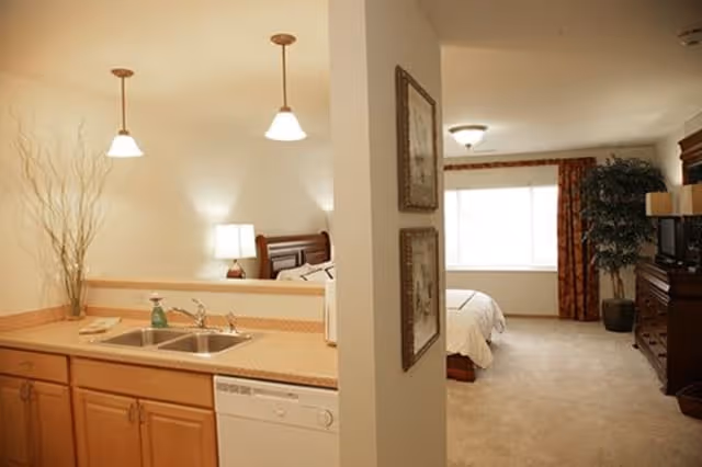Interior view of a senior living facility showing a small kitchen area with a double sink, countertop, and cabinets on the left, and a bedroom area with a bed, window, curtains, a dresser with a TV, and a potted plant on the right.