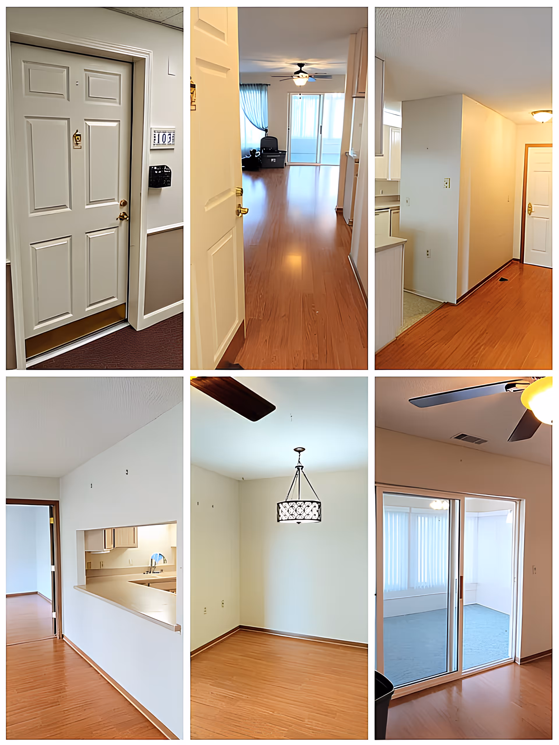 Collage of six images showing different interior views of a senior living apartment at Regency Retirement Residence. Images include a closed apartment door labeled 103, a hallway with wooden flooring leading to a living area with ceiling fan and sliding glass doors, a kitchen area with a pass-through window, an empty dining area with a hanging light fixture, and a room with sliding glass doors leading to a sunroom or enclosed balcony.