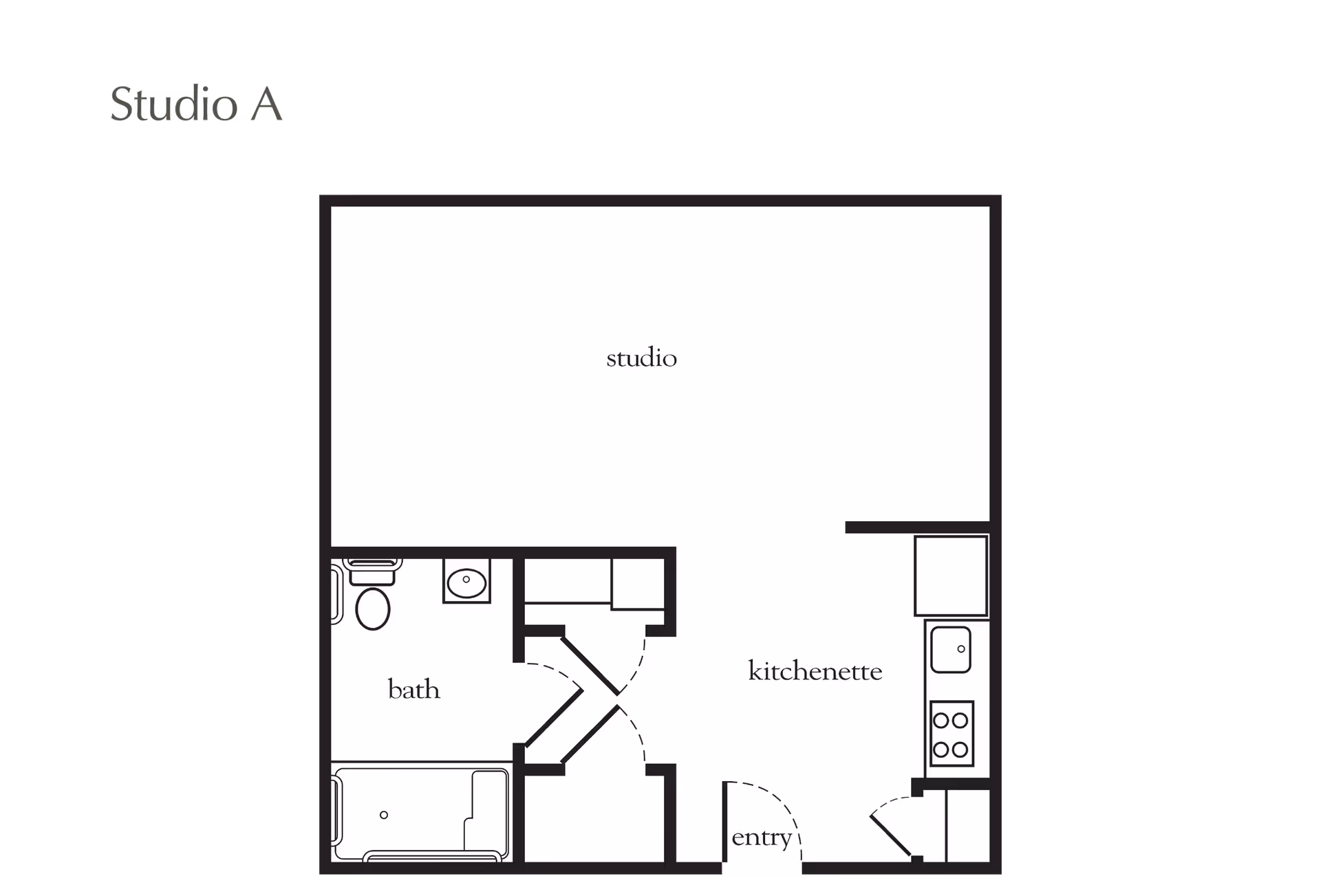 Floor plan of a studio apartment labeled Studio A, showing a studio living area, a kitchenette with a stove and sink, a bathroom with a toilet, sink, and bathtub, and an entry area.