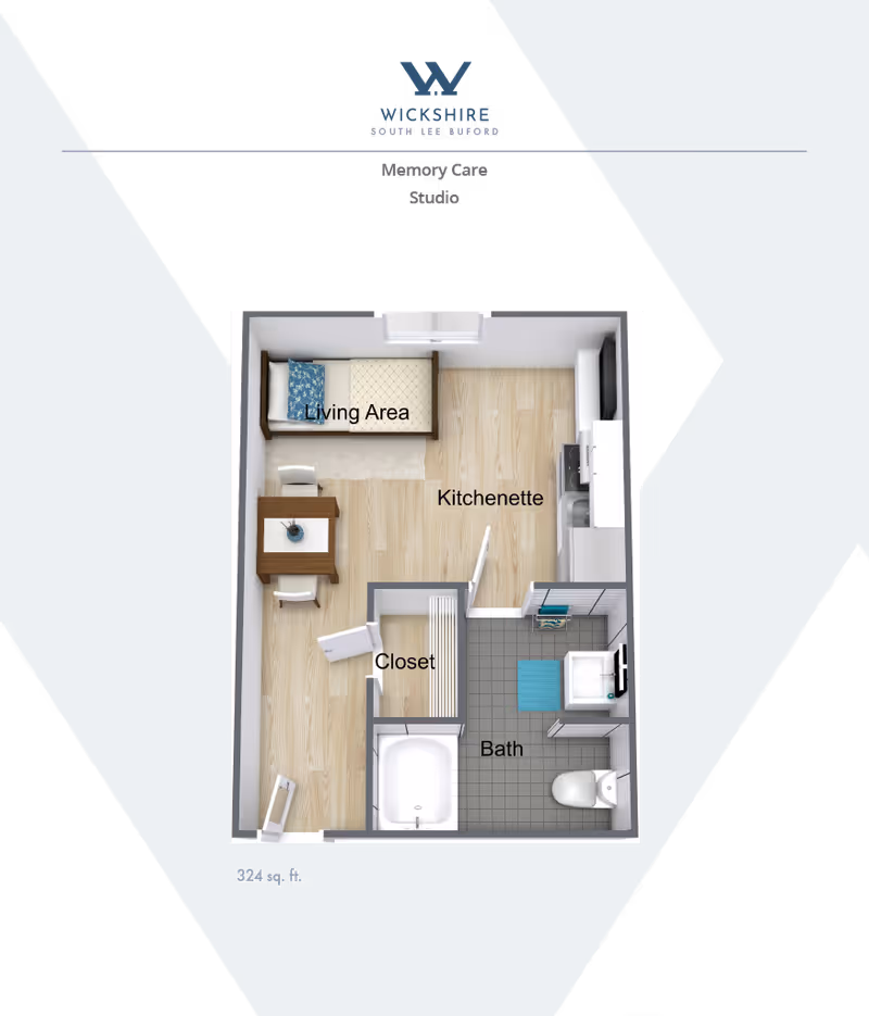 3D floor plan of a 324 sq. ft. memory care studio showing a living area, kitchenette, closet, and bath.