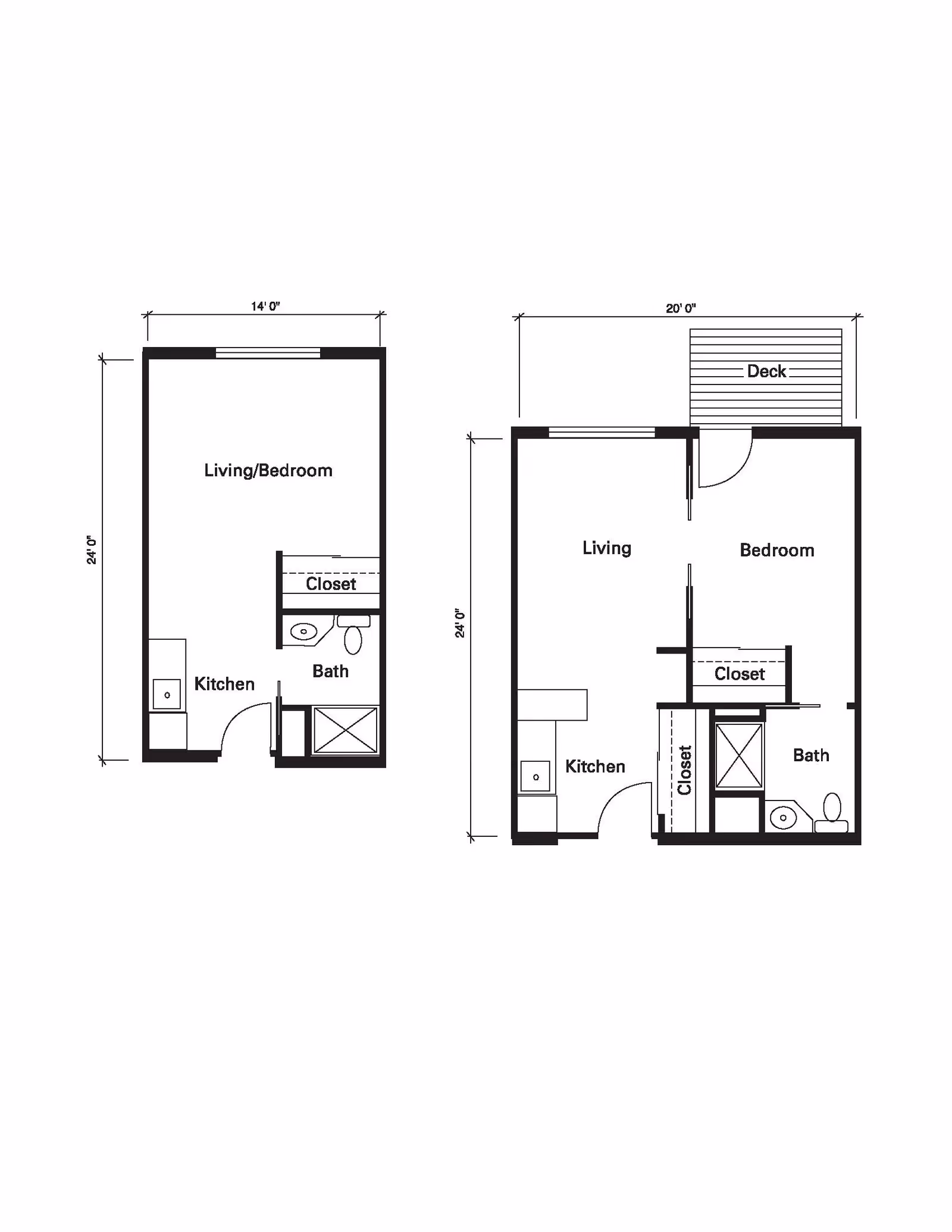 Two architectural floor plans for residential units at Brookdale Vista Grande. The left plan shows a combined living/bedroom area, kitchen, bath, and closet. The right plan shows separate living and bedroom areas, kitchen, bath, two closets, and a deck.