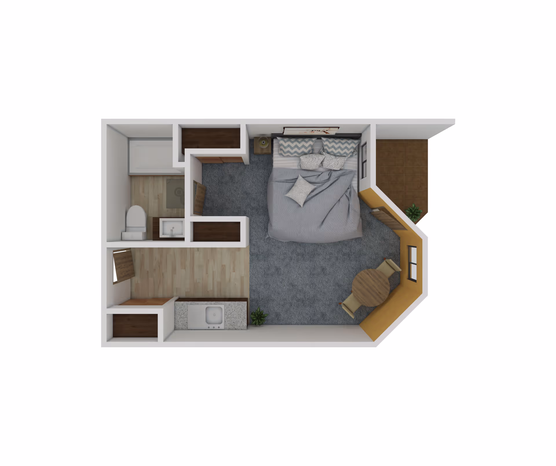 Top-down view of a senior living studio apartment floor plan featuring a bedroom area with a bed and pillows, a small round dining table with two chairs near windows, a kitchenette with a sink, and a bathroom with a toilet, sink, and bathtub. There is also a small balcony or outdoor space adjacent to the dining area.