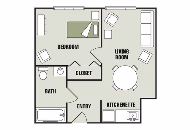 Floor plan of a one-bedroom apartment at Morningview at Irving Park, showing a bedroom with a bed and chair, a living room with sofa, chairs, and a round dining table, a kitchenette with a sink and appliances, a bathroom with a bathtub, toilet, and sink, a closet, and an entry area.