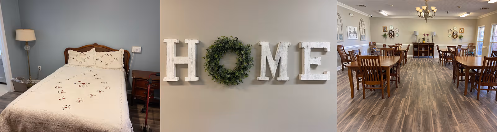 A collage of three images from Pike Manor Inc. The first image shows a bedroom with a wooden bed frame, a white quilted bedspread with floral embroidery, a nightstand with a lamp, and a walker beside the bed. The second image is a wall decoration spelling the word 'HOME' with the letter 'O' replaced by a green wreath. The third image shows a dining room with several wooden tables and chairs, a sideboard with decorative items, and framed pictures on the walls.