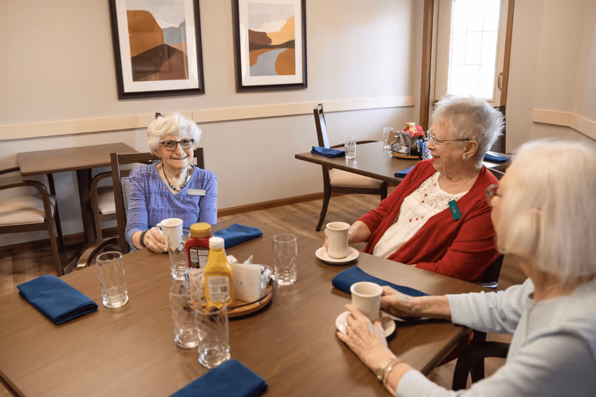 Three elderly women sitting around a dining table in a senior living facility, holding cups and engaging in conversation. The table has condiments, glasses, and blue napkins. The room has wooden flooring, framed abstract art on the walls, and large windows letting in natural light.