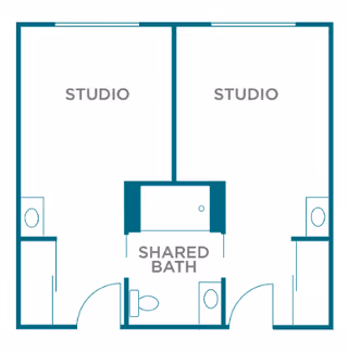 Floor plan showing two studio rooms sharing a common bathroom labeled 'Shared Bath'. Each studio has a small closet or storage area, and the shared bathroom includes a toilet and sink.