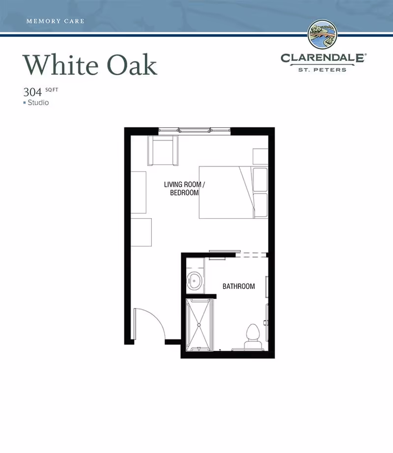 Floor plan of a studio apartment named White Oak at Clarendale of St. Peters, showing a combined living room and bedroom area, and a separate bathroom with a shower, sink, and toilet. The total area is 304 square feet.