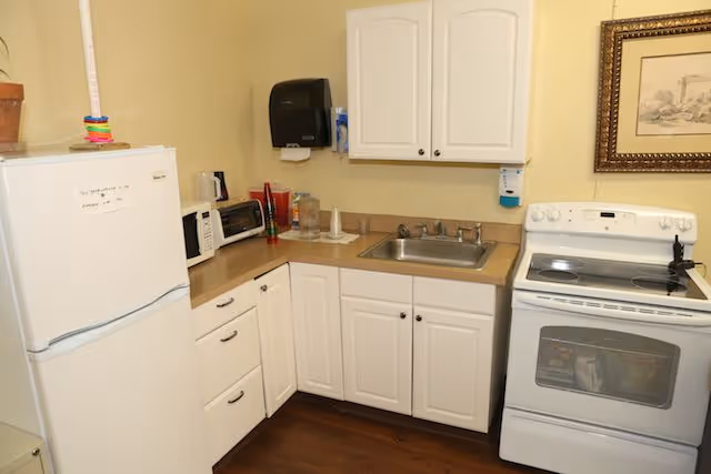 Small kitchen area with white cabinets, a white refrigerator, a white electric stove, a microwave, a toaster oven, a sink, and a paper towel dispenser mounted on the wall. There is a framed picture hanging on the wall above the stove.