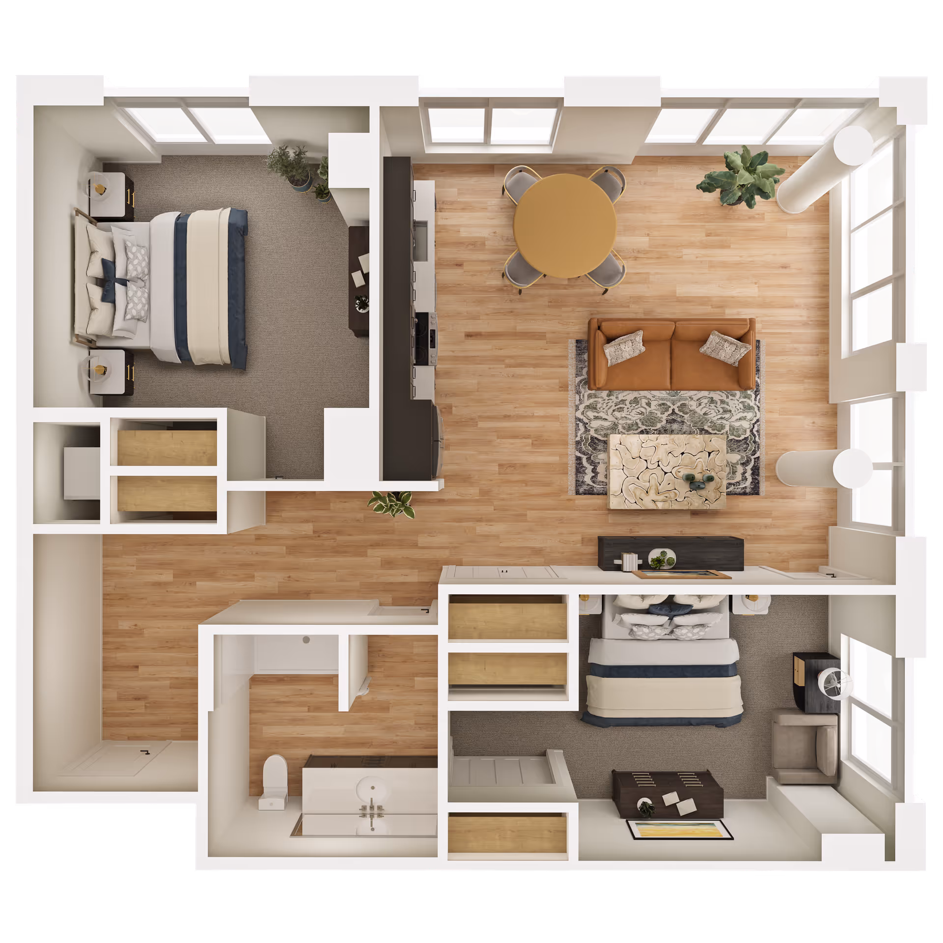 Top-down rendered floor plan of a two-bedroom apartment showing a living room with couch and dining table, kitchen, bathroom, and two bedrooms.