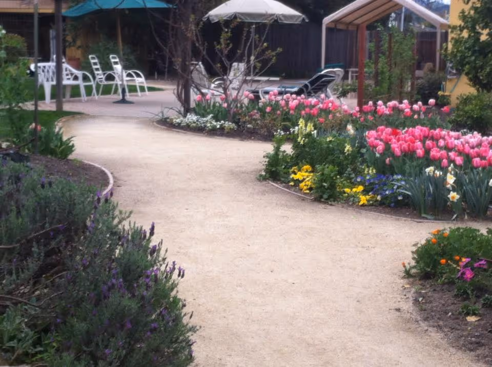 A garden path winding through colorful flower beds with pink tulips, yellow and purple flowers, and green shrubs. White chairs and a lounge chair are visible in the background along with a shaded pergola structure.