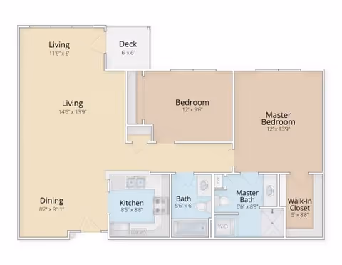 Floor plan of a residential unit at Granite Hill Estates showing a living room with a deck, dining area, kitchen, bathroom, master bathroom, walk-in closet, bedroom, and master bedroom with dimensions.