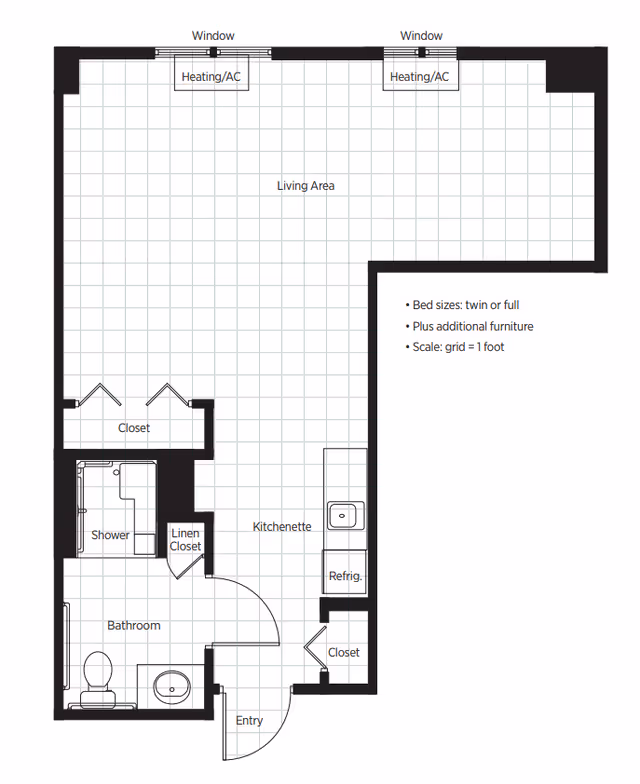 Floor plan of a senior living studio apartment showing an entry area leading to a kitchenette with a refrigerator and sink, a living area with two windows and heating/AC units, a bathroom with a shower, toilet, and sink, a linen closet, and two additional closets.