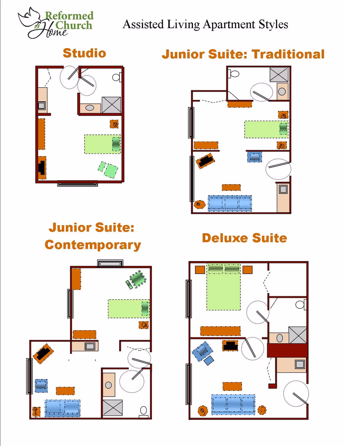 Floor plans showing four assisted living apartment styles at Reformed Church Home: Studio, Junior Suite Traditional, Junior Suite Contemporary, and Deluxe Suite. Each layout includes furniture arrangements such as beds, chairs, sofas, tables, and bathroom fixtures.