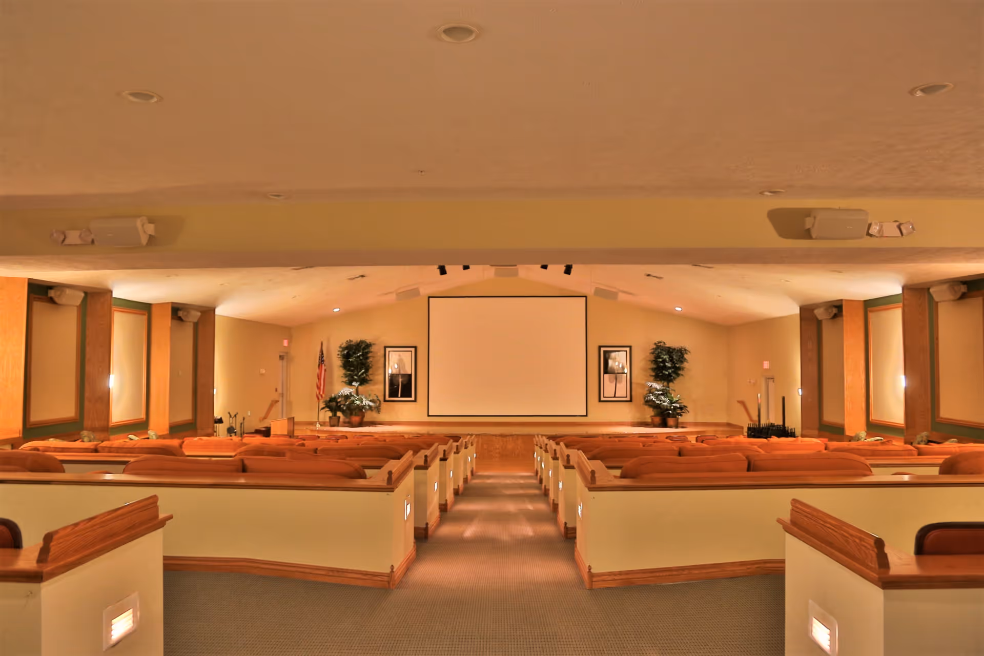 Interior view of a large auditorium or theater room with rows of cushioned seating facing a large blank projection screen. The room has beige walls, carpeted floor, potted plants, framed artwork, and an American flag near the screen.