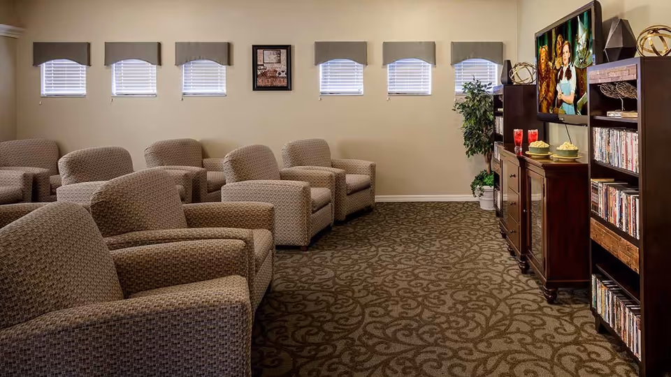 A cozy living room area with multiple cushioned armchairs arranged in rows facing a flat-screen TV mounted on a wooden cabinet. The TV is playing a scene from The Wizard of Oz. There are shelves filled with DVDs on either side of the TV cabinet. The room has a patterned carpet, several small windows with blinds, a framed picture on the wall, and a potted plant in the corner.