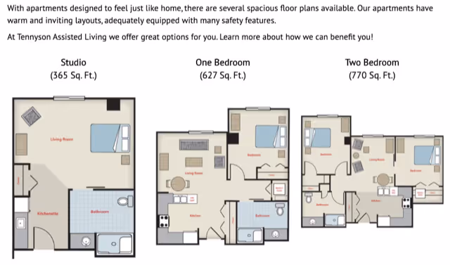 Three labeled apartment floor plans for The Sonnet at Tennyson Assisted Living & Memory Care showing a Studio (365 sq. ft.), One Bedroom (627 sq. ft.) and Two Bedroom (770 sq. ft.) layouts.