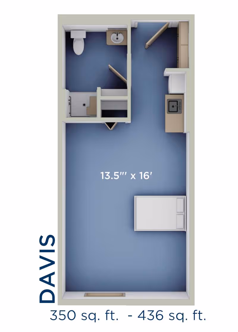 Floor plan layout of a senior living unit named Davis at Harrison on 5th by Senior Star, showing a combined living and sleeping area measuring 13.5 feet by 16 feet, a small kitchen area with a sink and appliances, and a bathroom with a toilet, sink, and shower.