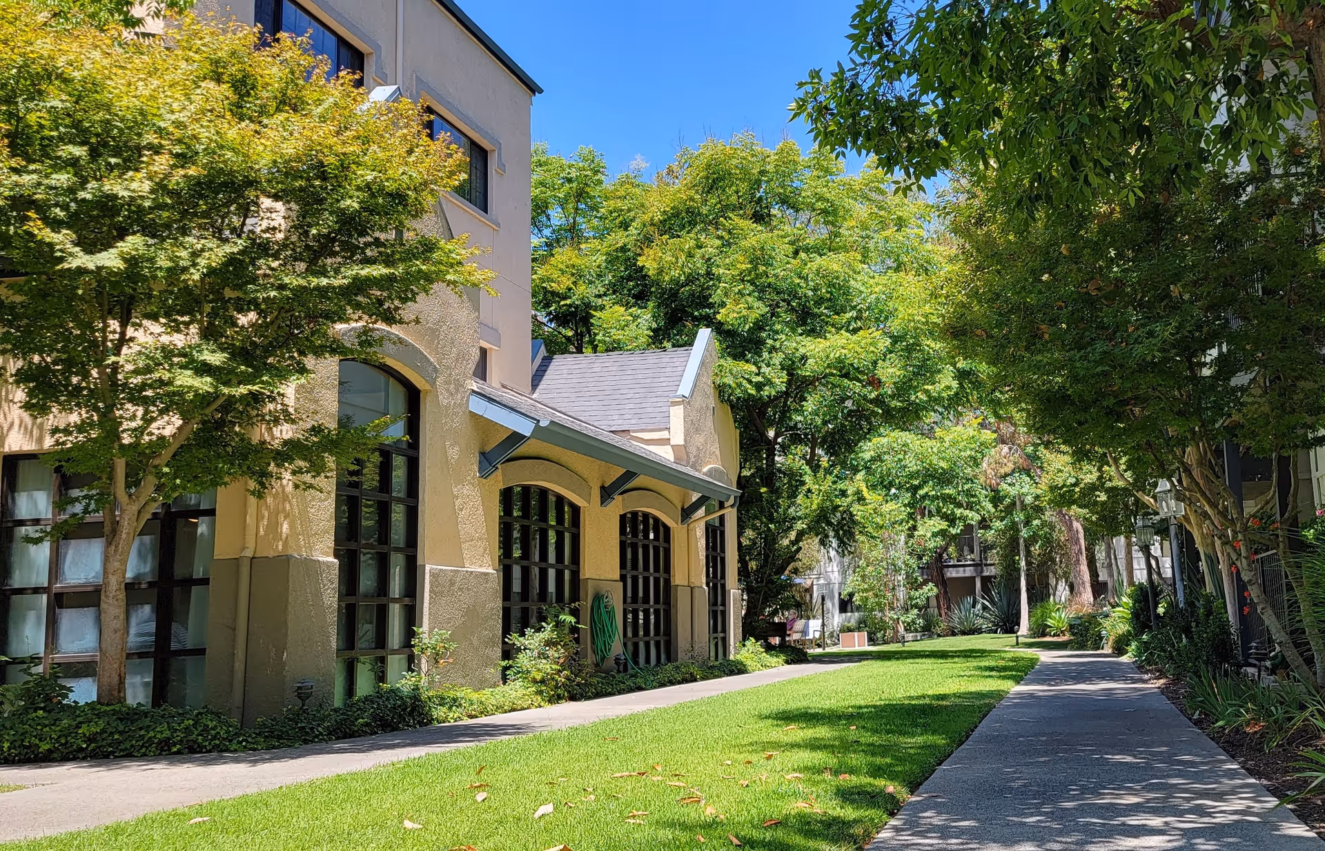 Sunlit courtyard walkway beside a beige stucco senior living building with arched windows and trees.