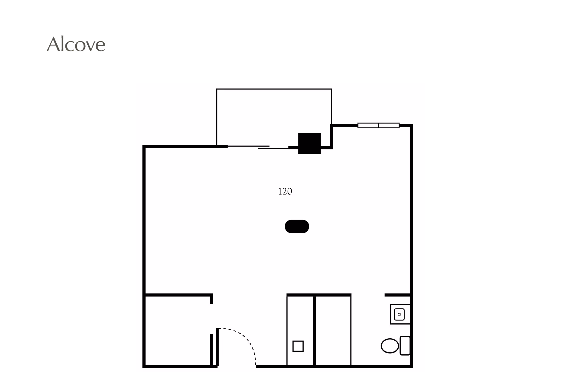 Floor plan layout of an alcove apartment unit labeled 120, showing a main living area, a bathroom with a toilet and sink, and a closet space near the entrance.