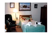 Small furnished bedroom with a single bed covered by a green blanket, stuffed animals on the bed, a lamp, chair, and wall art.