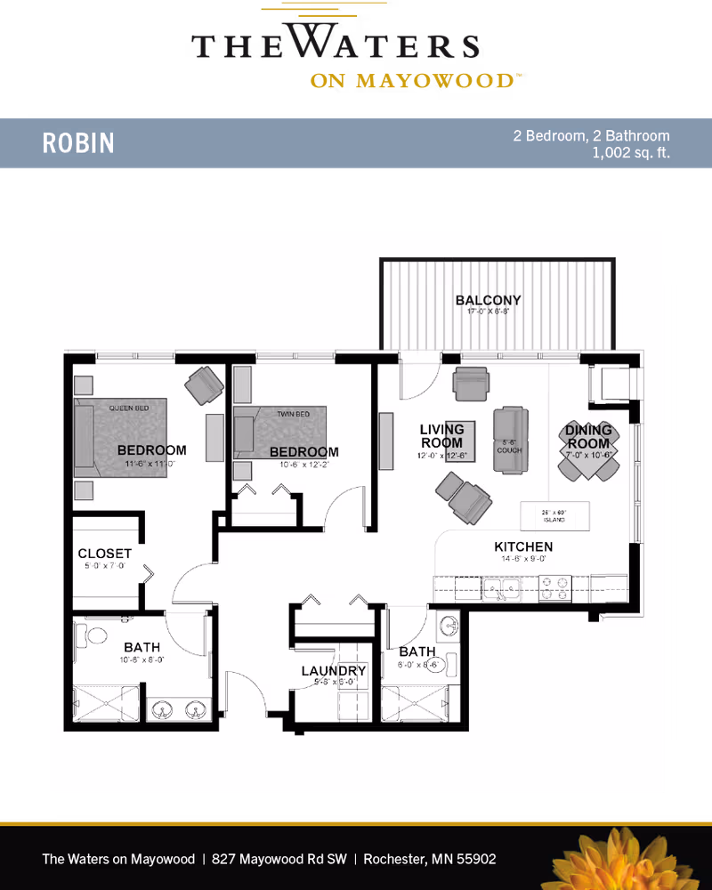 Floor plan titled 'ROBIN' showing a two-bedroom, two-bathroom apartment with labeled living room, kitchen, dining area, balcony and laundry.