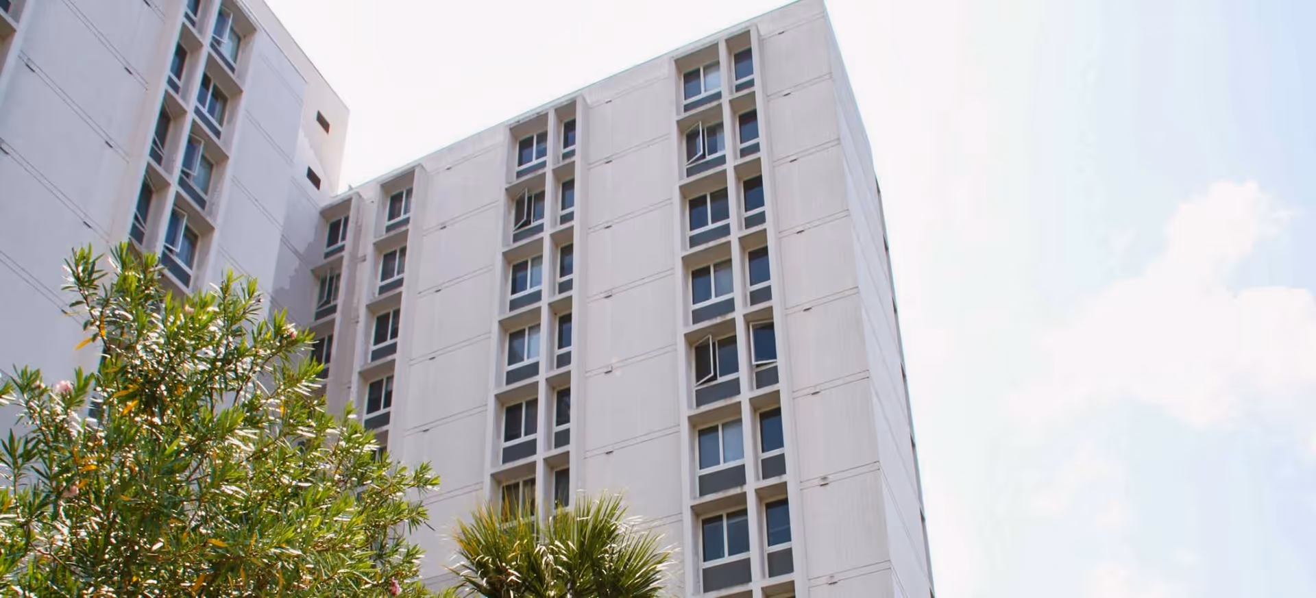 Low-angle view of a tall white residential building with rows of windows and trees in the foreground under a bright sky.