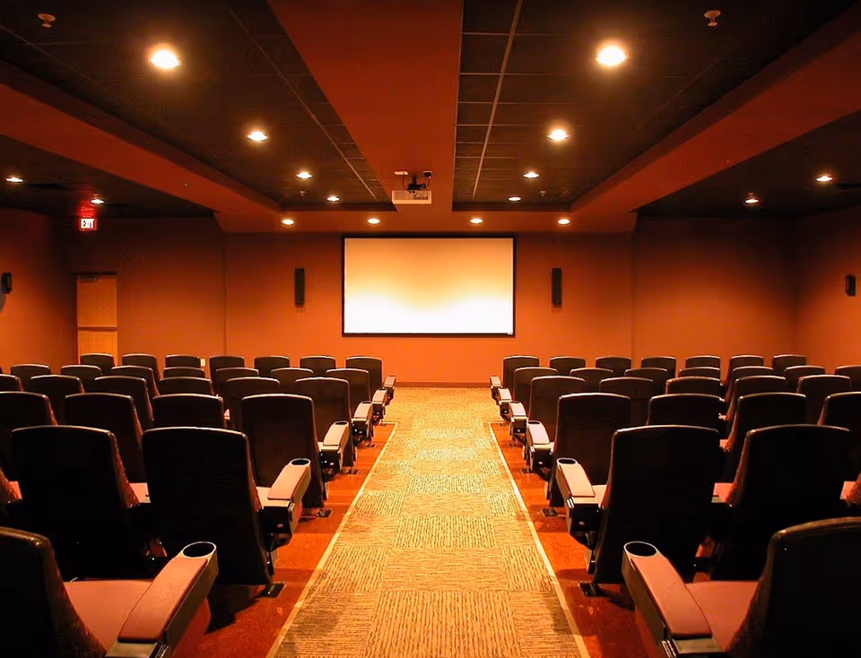 Interior view of a small theater or screening room with rows of cushioned seats facing a large blank projection screen on a brown wall. The room has a carpeted aisle in the center and recessed ceiling lights.