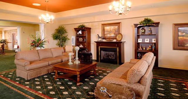 A cozy living room with two patterned sofas facing each other across a wooden coffee table. The room features a fireplace with a framed painting above it, two wooden bookshelves with decorative items, a green carpet with floral patterns, and two chandeliers hanging from the ceiling. There are also plants and additional seating visible in the background.