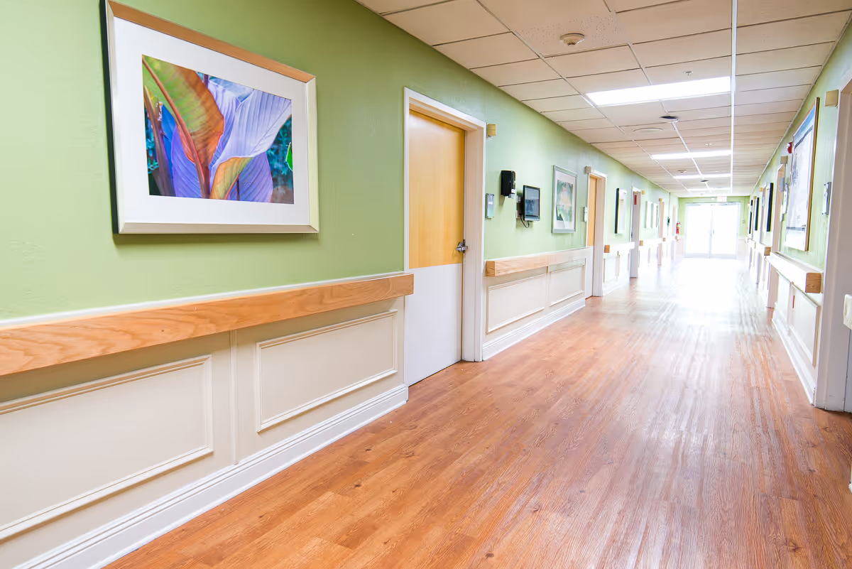 A long, well-lit hallway with light green walls and wooden flooring. The walls have wooden handrails and framed artwork. Several closed doors line the hallway, and there is a bright exit or window at the far end.