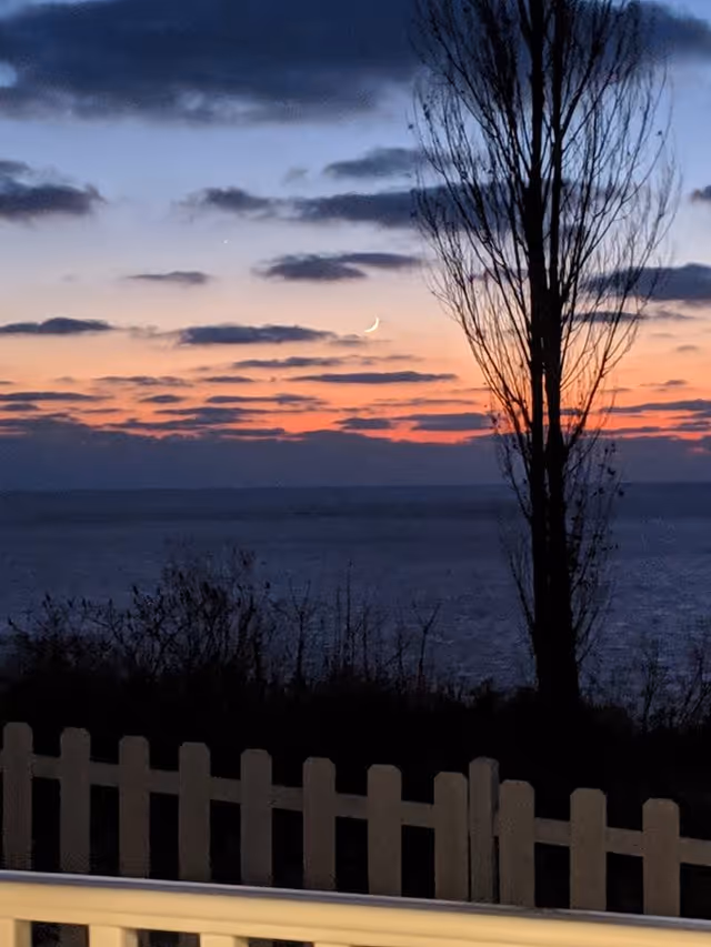 View of a sunset over a large body of water with a crescent moon visible in the sky. Silhouettes of a tall tree and bushes are in the foreground, along with a white picket fence and part of a railing.