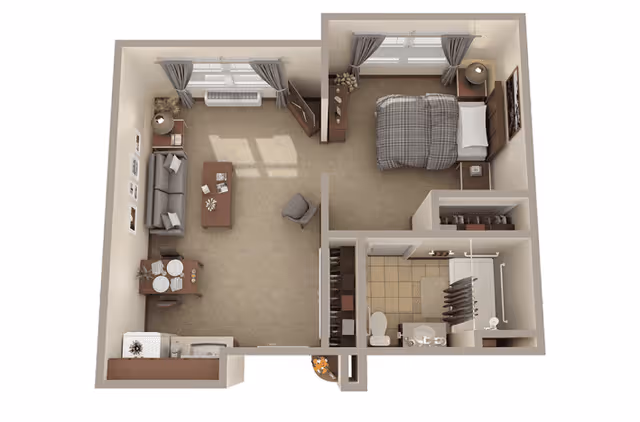 3D floor plan of a one-bedroom apartment showing a living room with sofa, coffee table, armchair, and dining table with two chairs; a bedroom with a bed, nightstands, and dresser; a bathroom with a toilet, sink, and shower; and a small kitchen area.