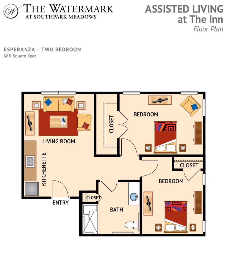 Floor plan of Esperanza two-bedroom assisted living apartment at The Watermark at Southpark Meadows, showing a living room with kitchenette, two bedrooms each with closets, and a bathroom.
