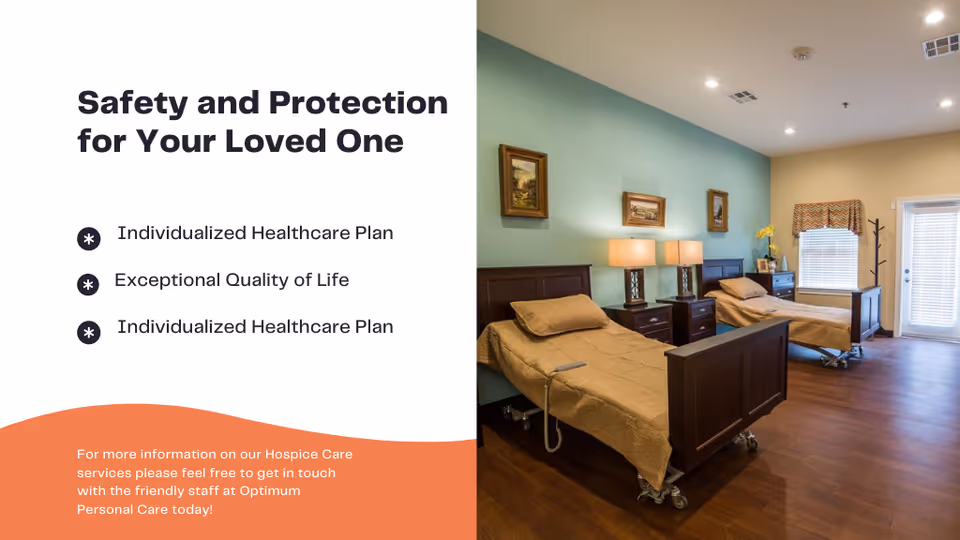 Shared senior care bedroom with two adjustable beds, nightstands with lamps, framed paintings, and hardwood floors.