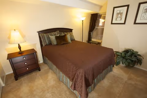 A bedroom with a neatly made bed covered with a brown bedspread and multiple pillows. There is a wooden nightstand with a lamp on the left side of the bed. A tall floor lamp stands in the corner near a window with curtains. Two framed pictures hang on the wall above a green potted plant on the right side of the room.